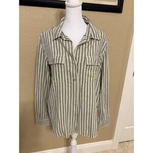 American Eagle Women's Oversized Cream And Olive Button Up Shirt, Small